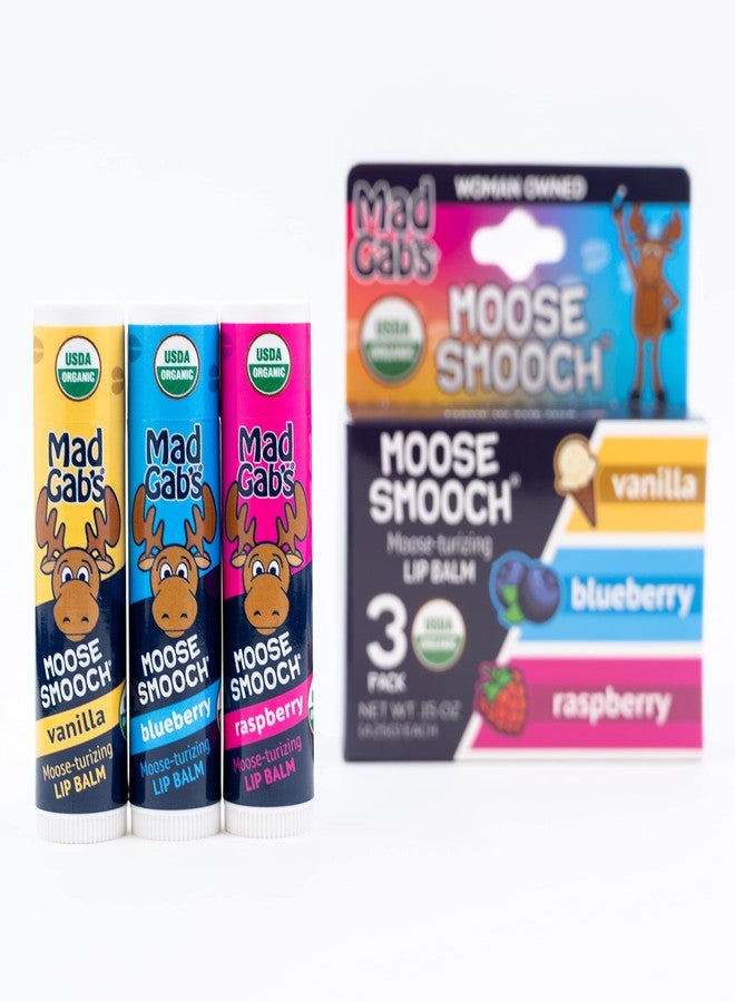 Mad Gab's Moose Smooch Lip Balm | Moisturizing and Certified Organic | Made with Organic Olive Oil and Beeswax (Vanilla, Raspberry, Blueberry)